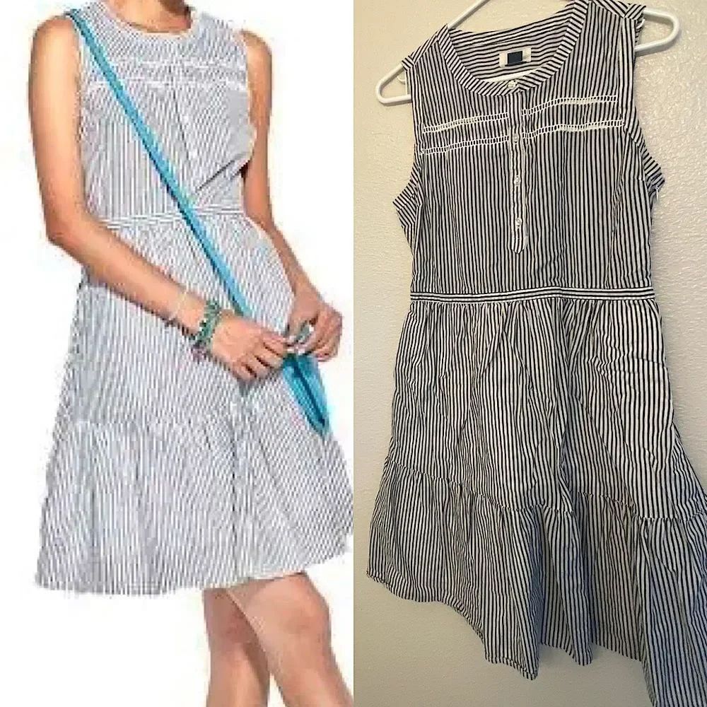 Old Navy Blue pin Stripe sleeveless Shirt Dress ruffle coastal Beach vacation M